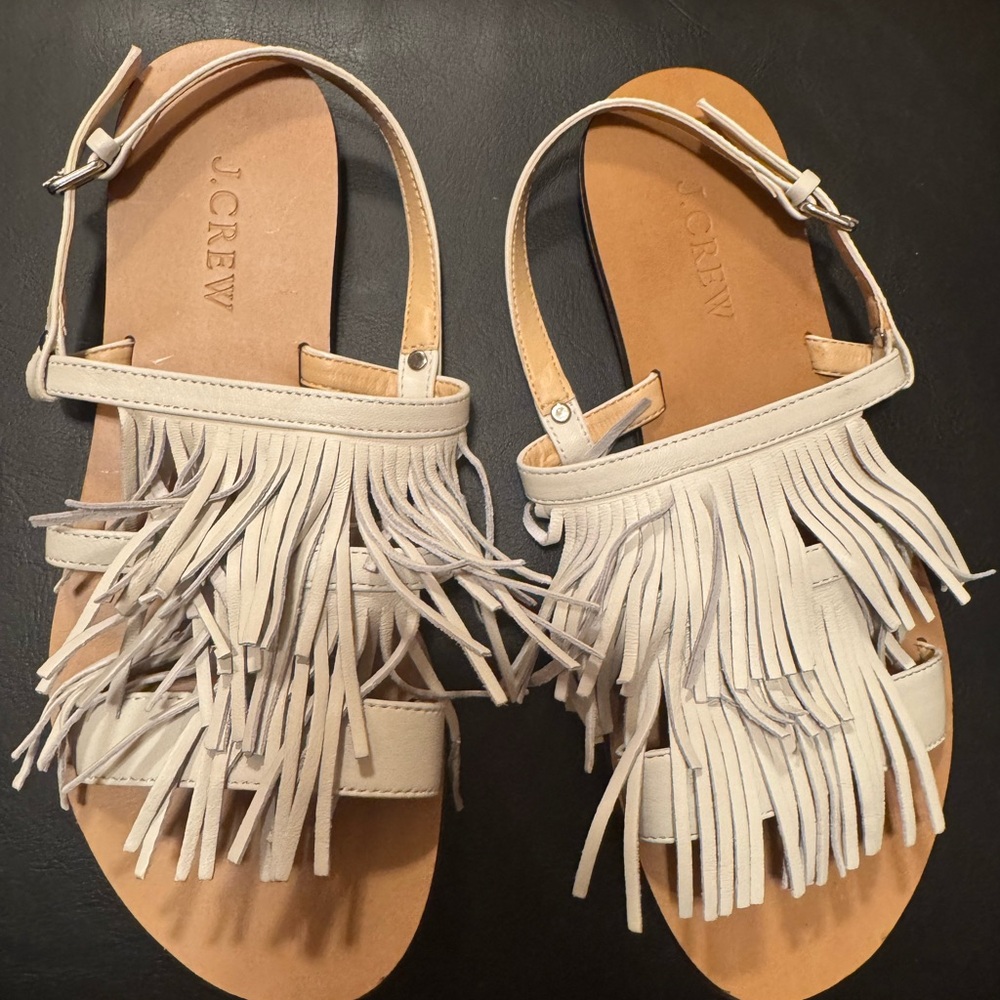 J. Crew White Fringe Sandals with Leather Straps